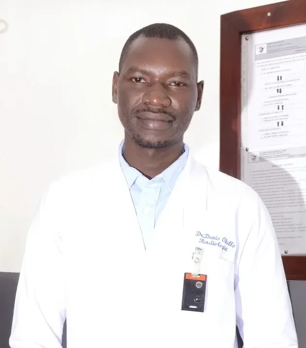 Dr. Okello Denis, radiologist at St. John XXIII Hospital Aber ensuring precise diagnosis through modern imaging technology.