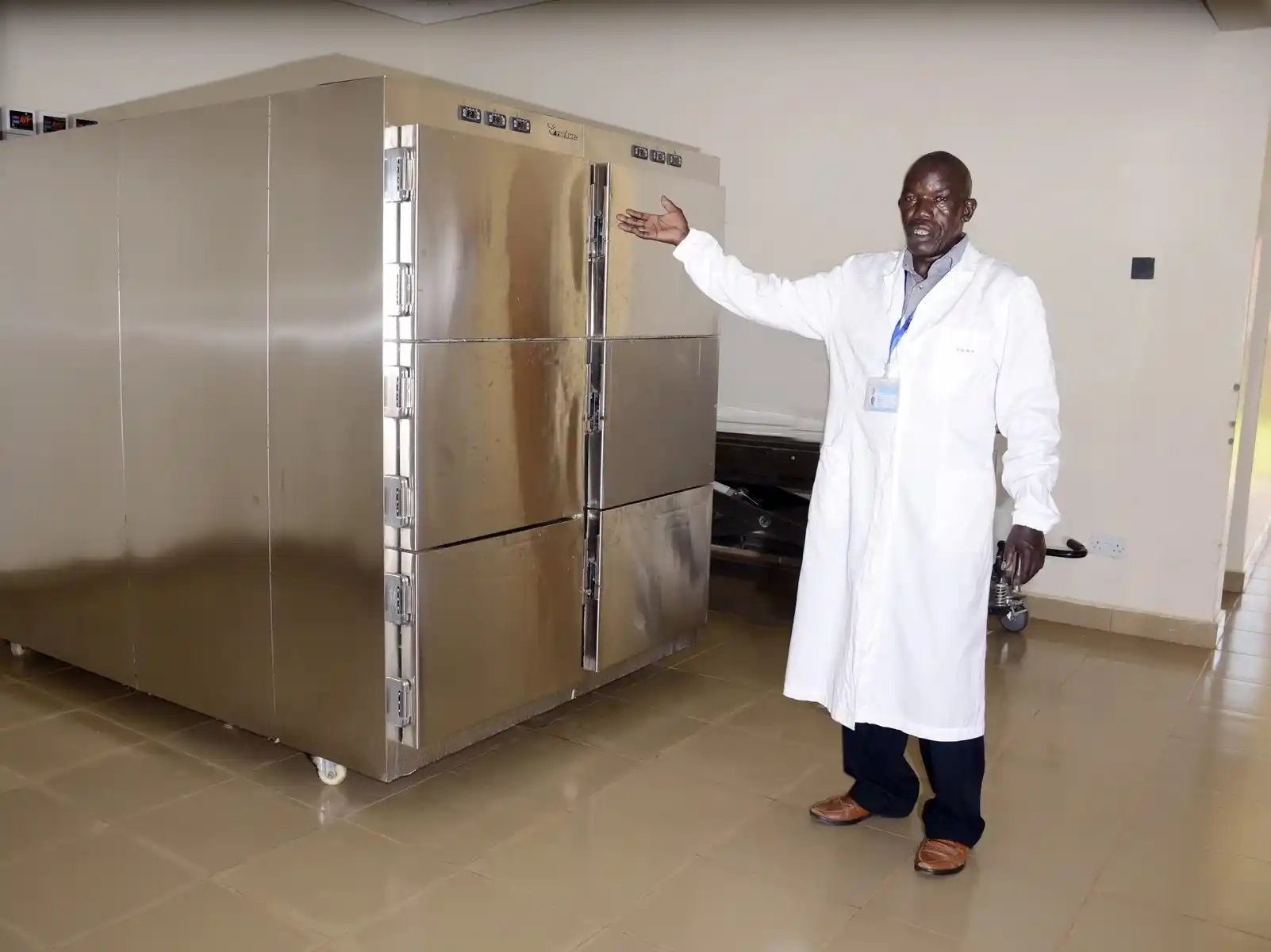 Mortuary department at St. John XXIII Hospital Aber shown by mortuary attendant.